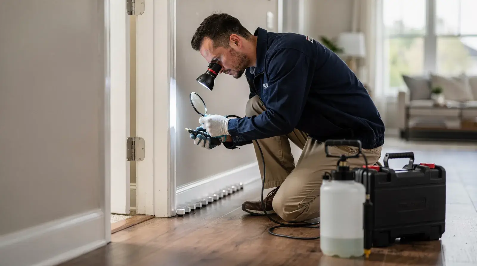 Pest control professional inspecting home for entry points and signs of infestation in Canton, Connecticut.