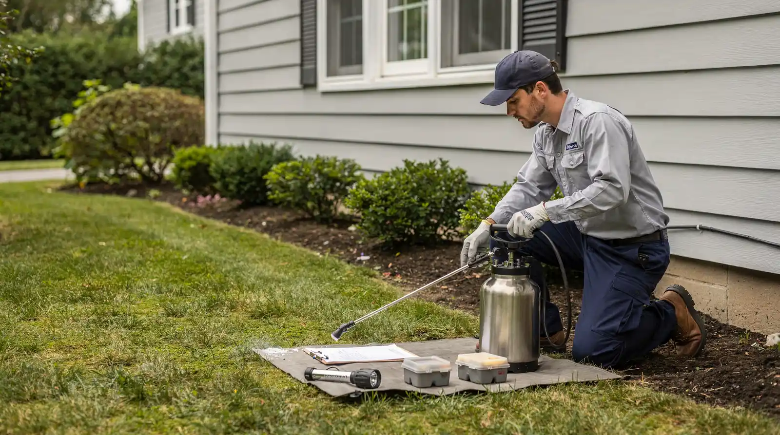 Pest control technician inspecting a West Hartford home, using equipment and flashlight for wildlife and