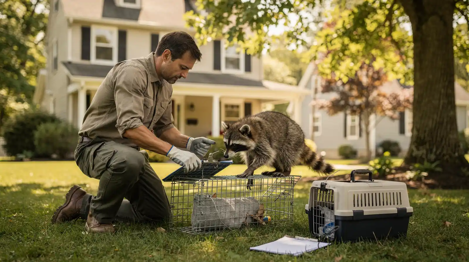 Wildlife removal specialist and raccoon near Hartford home, humane trapping and exclusion methods.