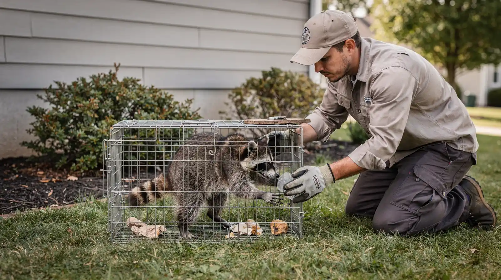 Wildlife removal technician with raccoon in humane trap, demonstrating safe animal handling.