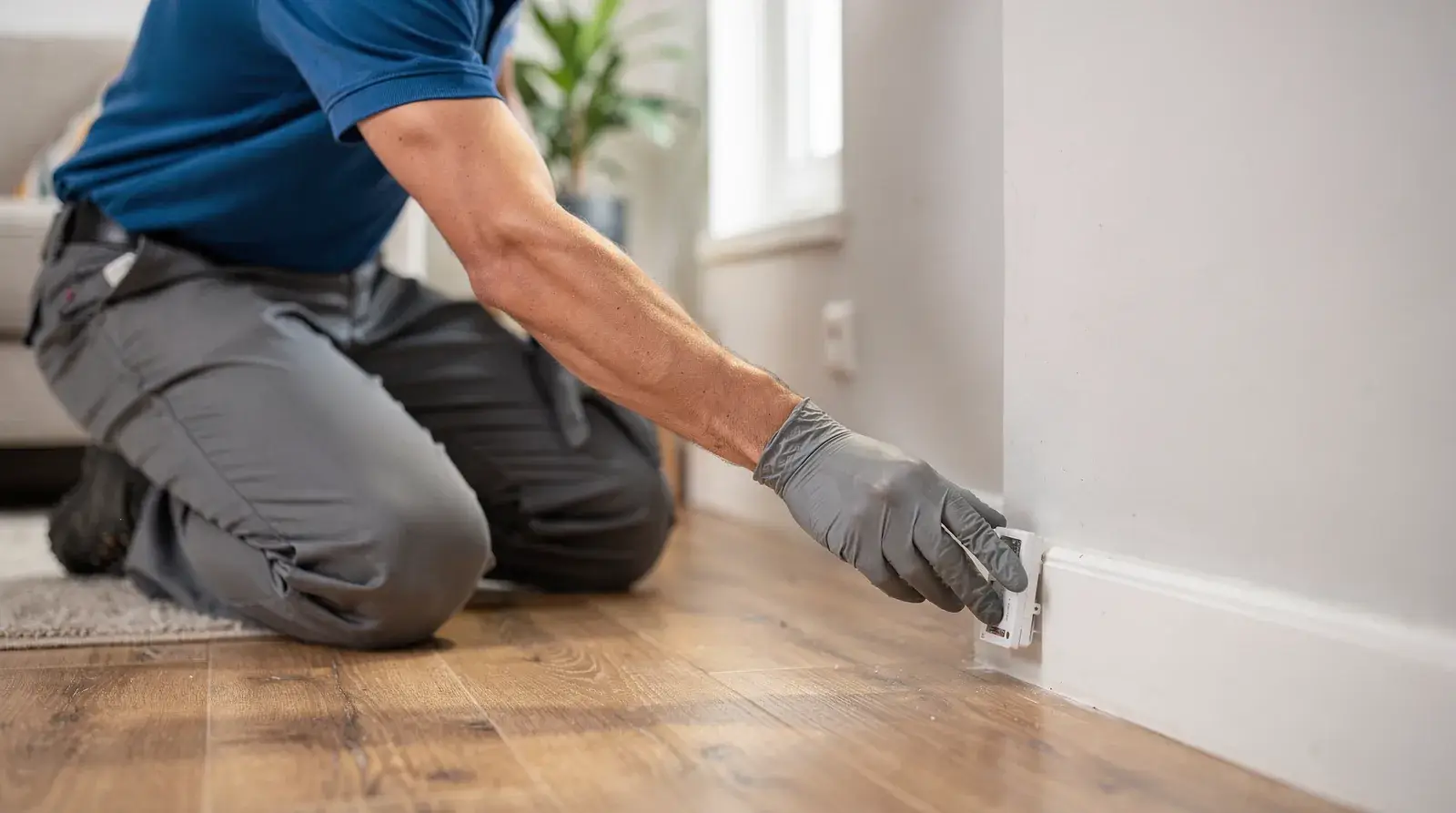 Pest control technician inspecting baseboard for rodent entry in Glastonbury home.