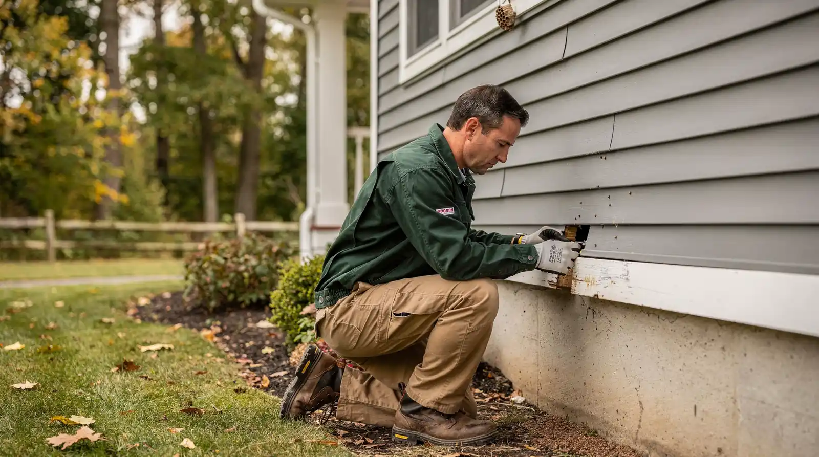 Pest control professional inspecting home siding and foundation for wildlife entry points in Weatogue.