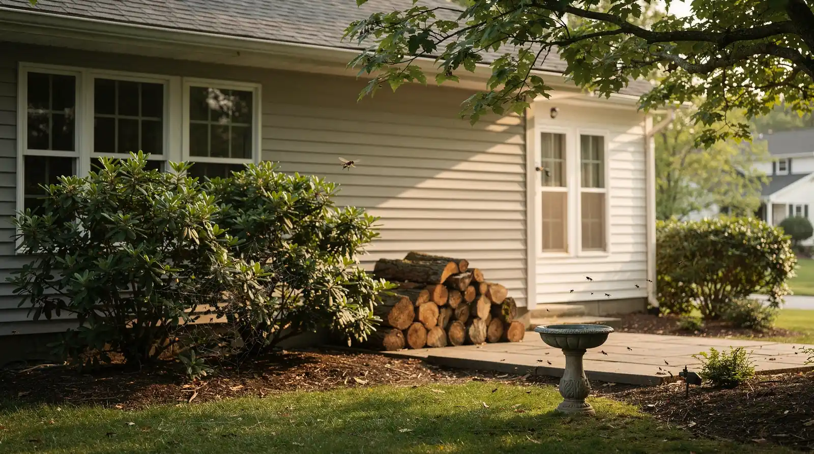 Residential home exterior with overgrown landscaping and stacked firewood, illustrating West Hartford pest risks and
