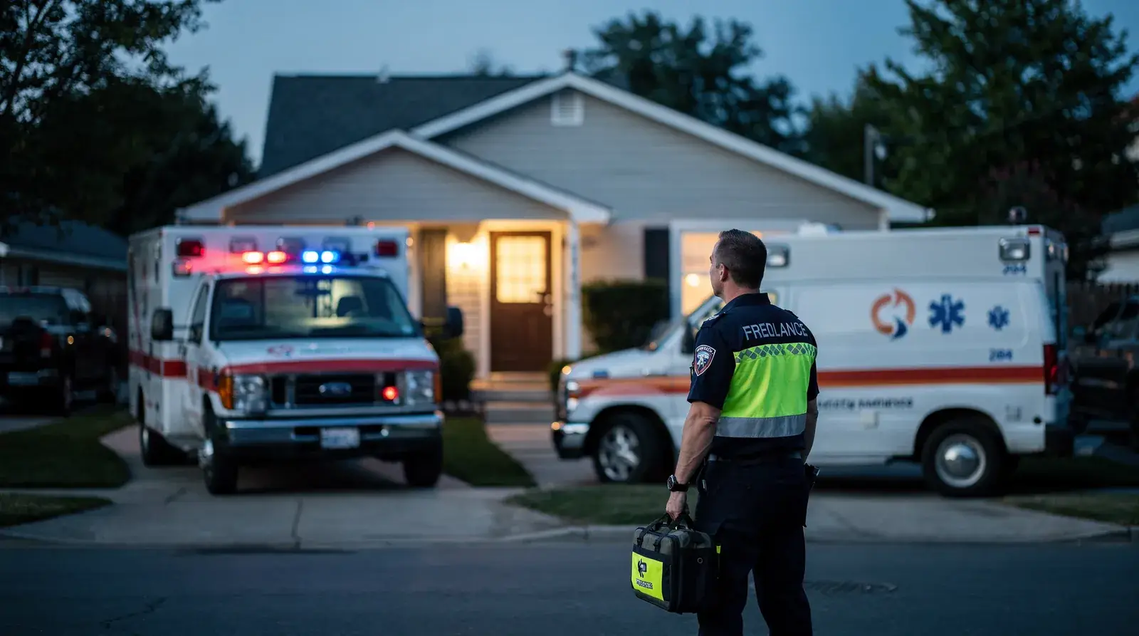 Emergency responders and ambulance at a residential home during nighttime, illustrating wildlife intrusion emergencies.
