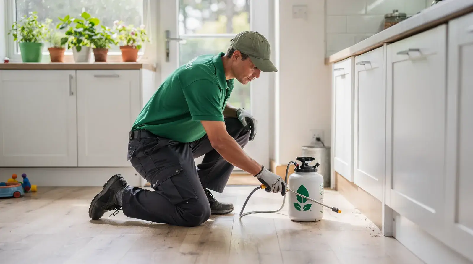 Pest control technician applying eco-friendly treatment in South Windsor home, protecting families and pets.
