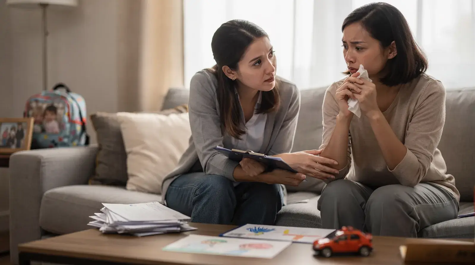Woman comforting another woman with tissue, illustrating crisis support services for Canton families.