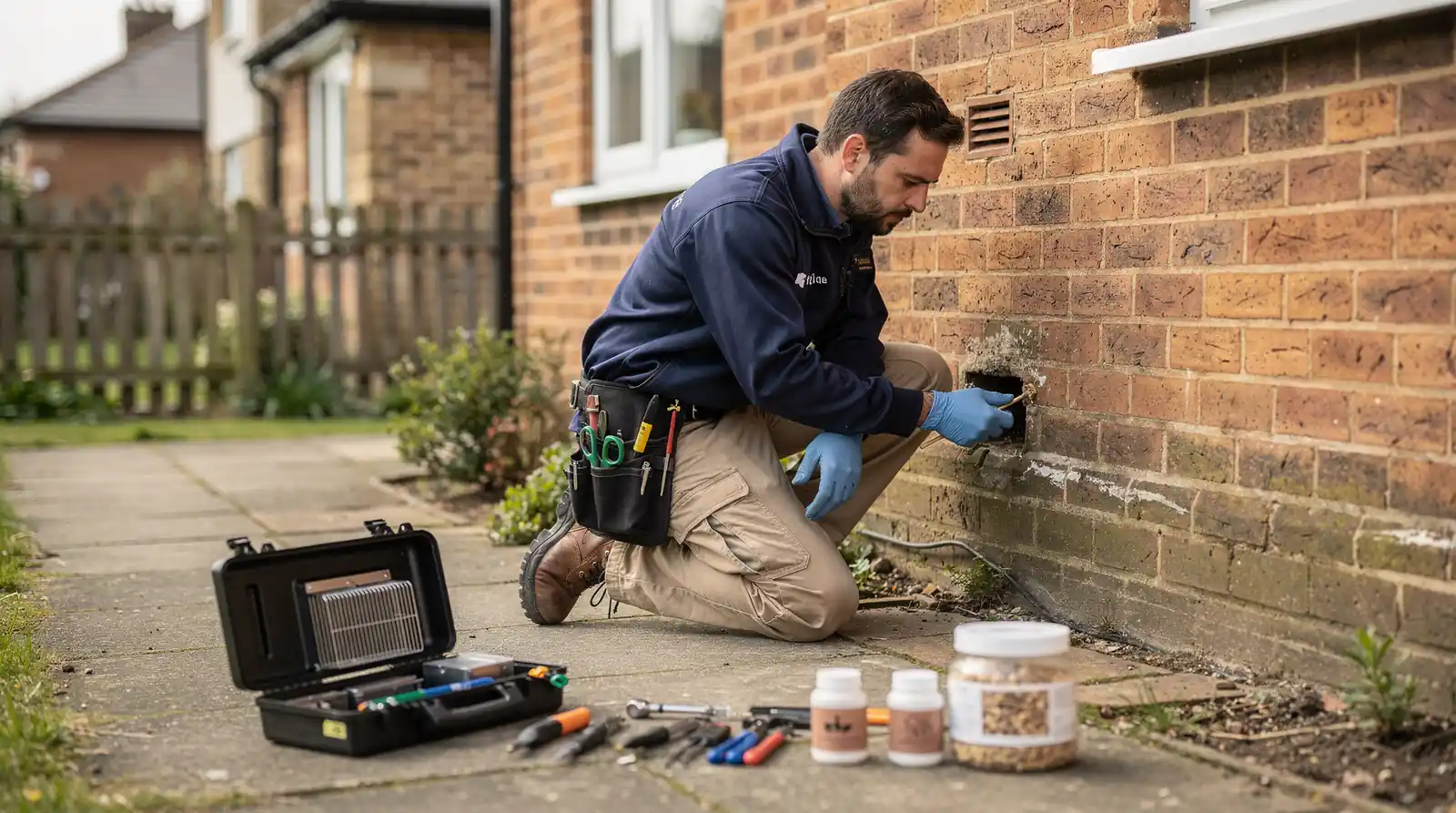 Nukingstreet technician inspecting rodent entry point on Enfield, CT home’s foundation and sealing gap.