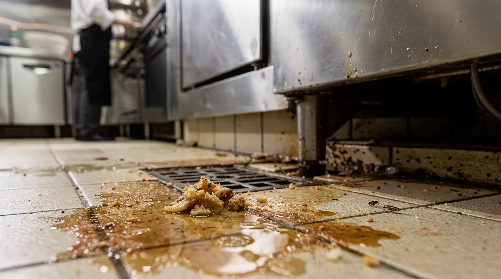 Commercial kitchen floor with food debris and drain, illustrating pest vulnerabilities in Hartford restaurants.