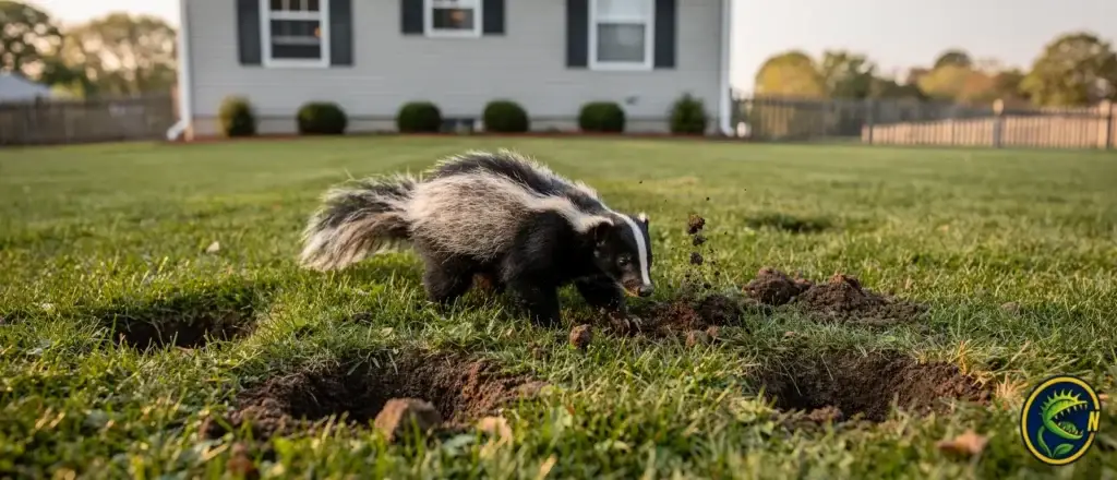 Skunks dig in yards, gardens, and lawns searching for grubs and insects, a common sign