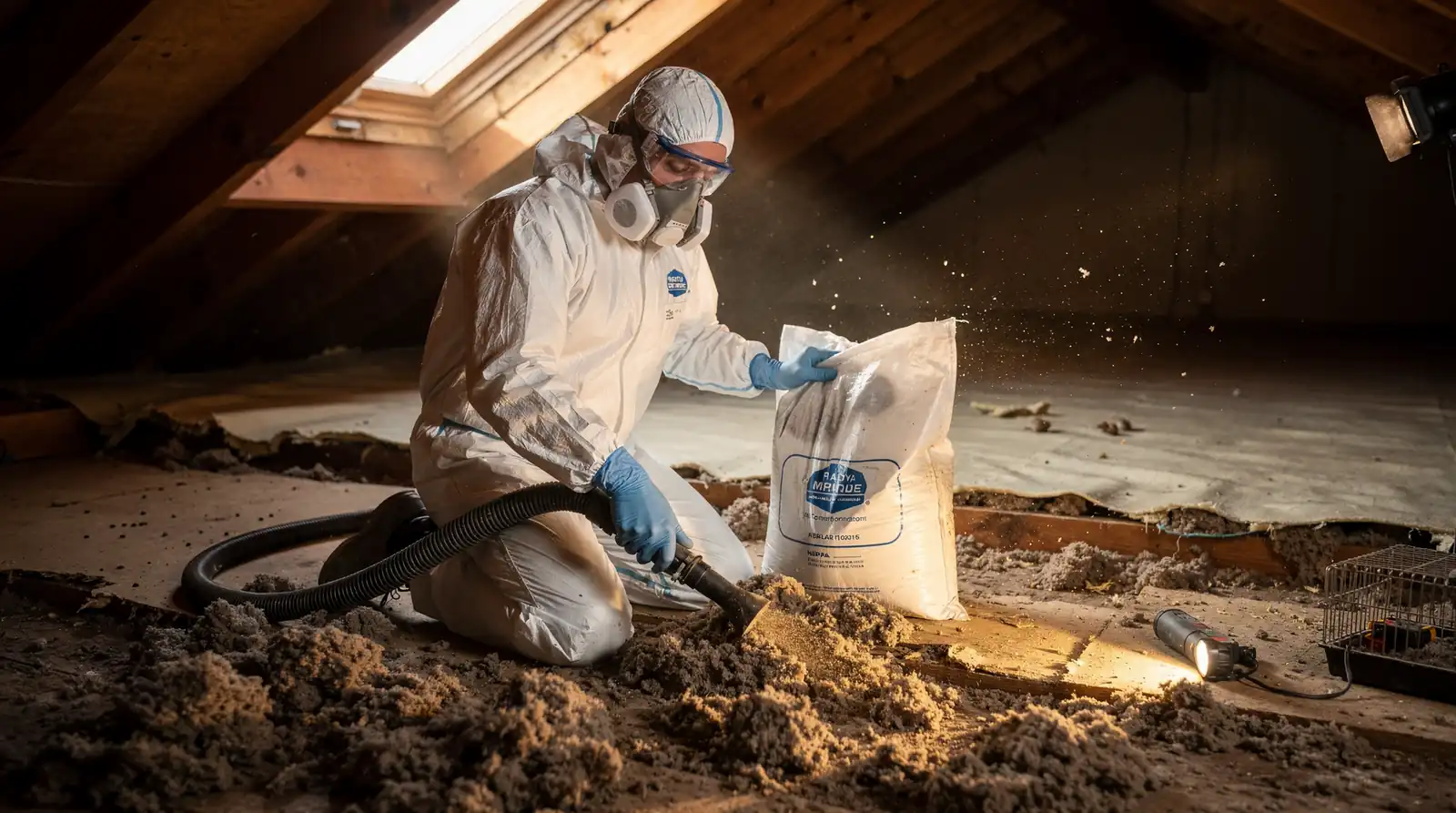 Cleanup begins with removing soiled, contaminated insulation using specialized vacuum equipment.; Attic decontamination