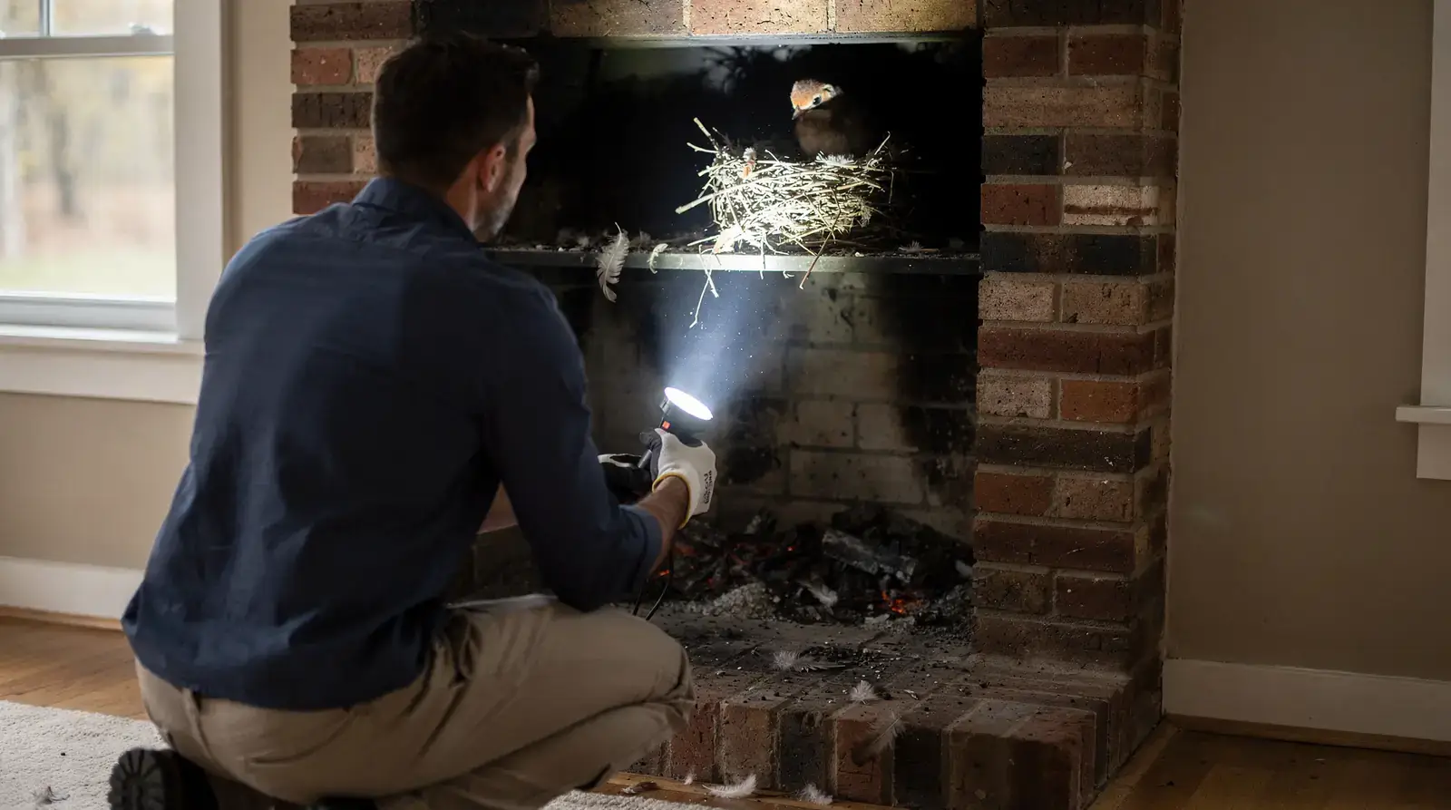 Nukingstreet technician inspecting chimney flue with flashlight, revealing bird's nest and debris.