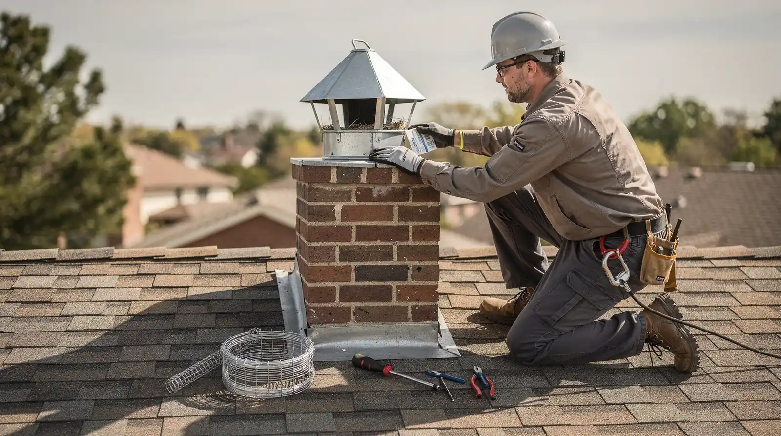Nukingstreet technician installing chimney cap preventing wildlife intrusion in Enfield, Connecticut.