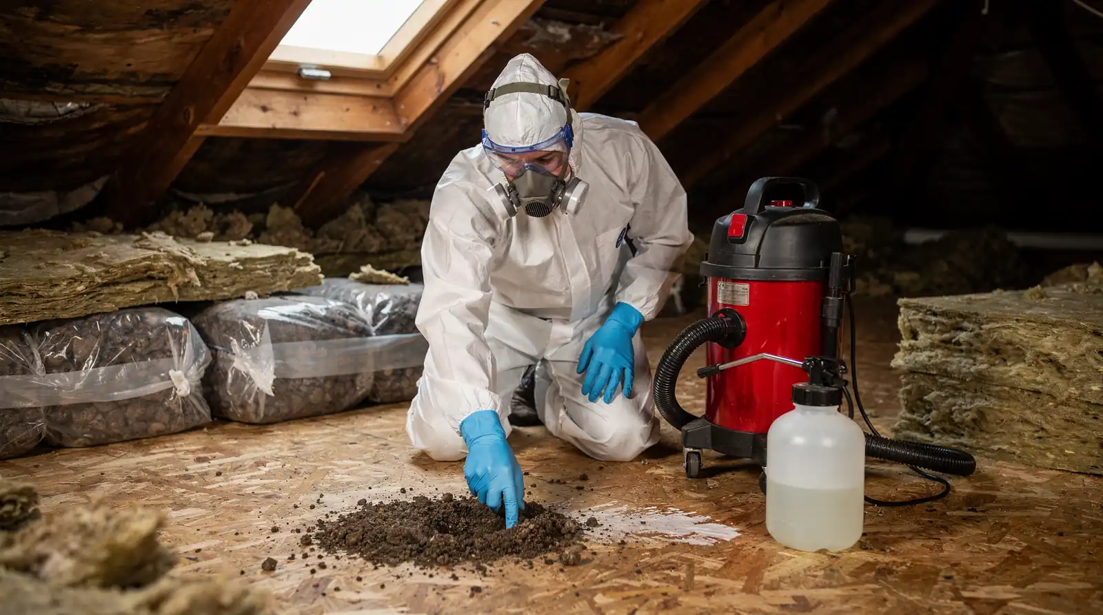 Guano, rodent droppings, and contaminated materials must be safely cleaned up, with the attic space
