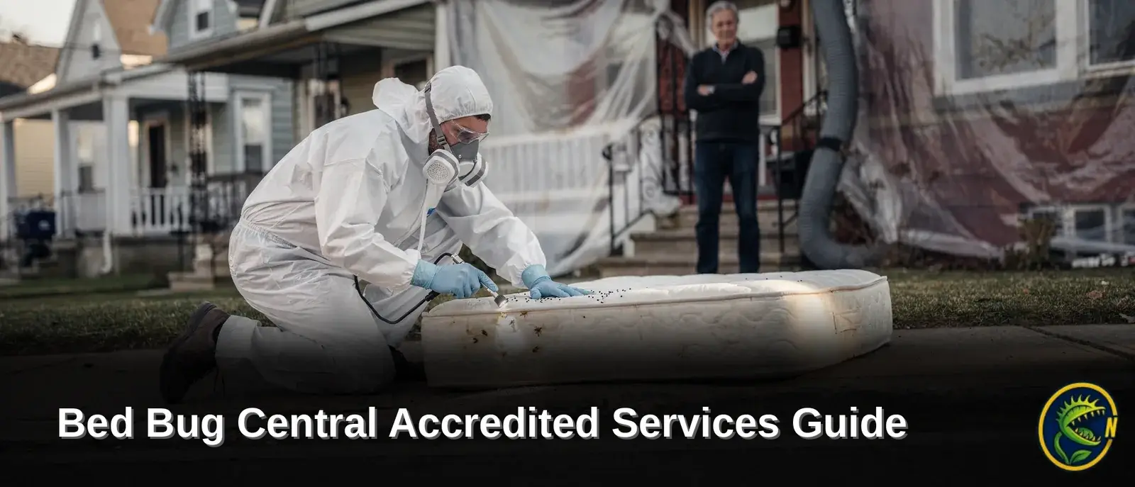 Pest control professional in protective gear treating mattress, bed bug removal services, Nukingstreet.