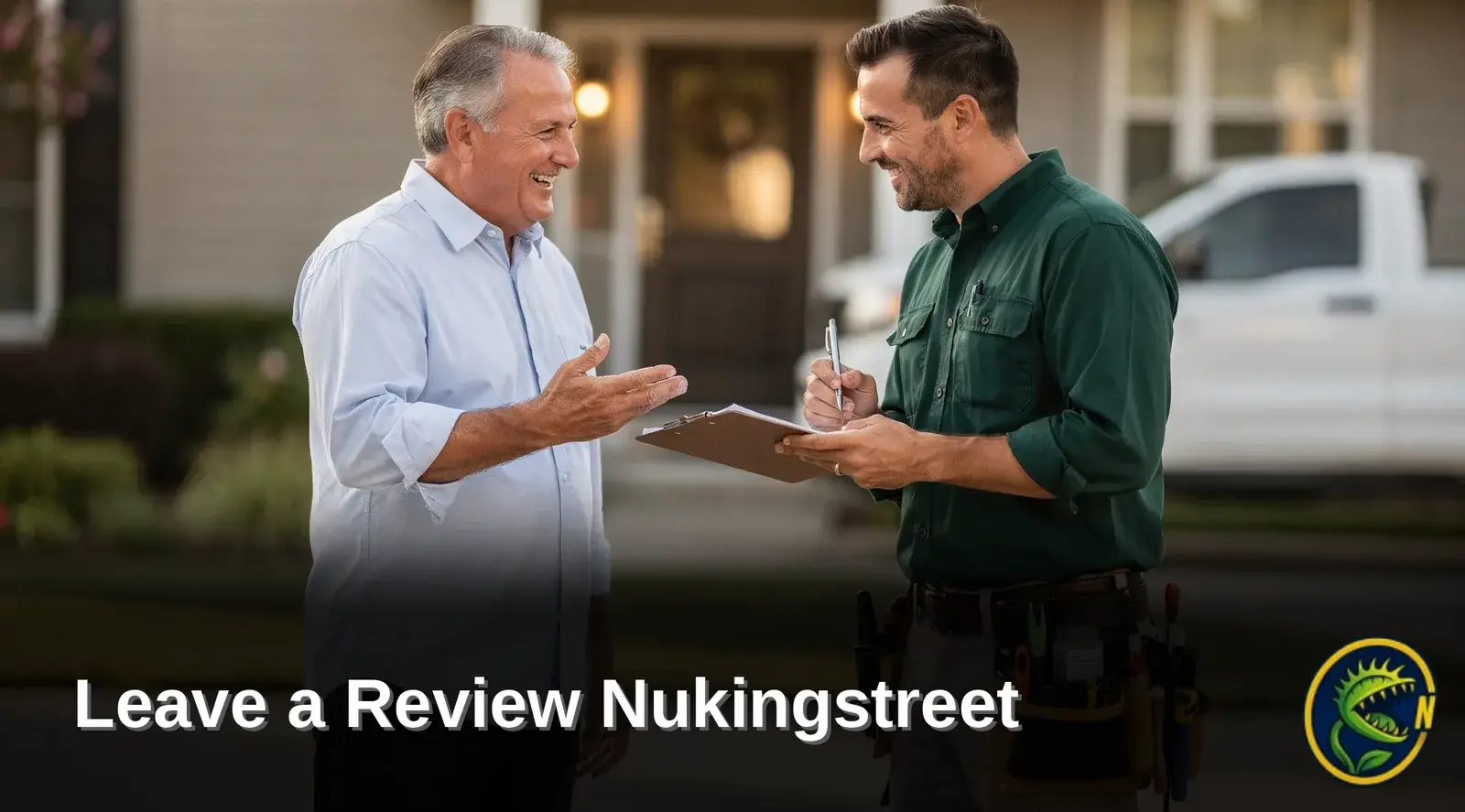 Jeffrey Davis and Nukingstreet technician discussing pest control plan and inspection.