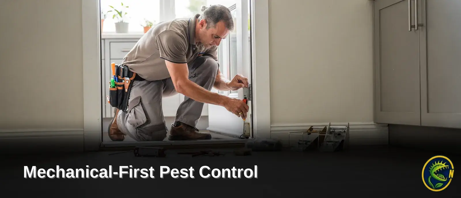 Nukingstreet pest control technician inspecting door and installing mechanical pest control device.