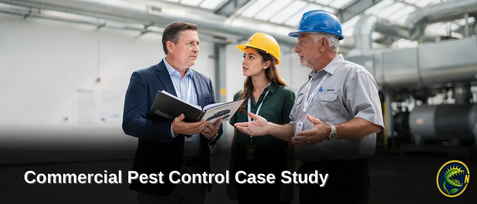 Commercial pest control team discussing inspection in warehouse, demonstrating Nukingstreet Pest & Wildlife Control expertise.
