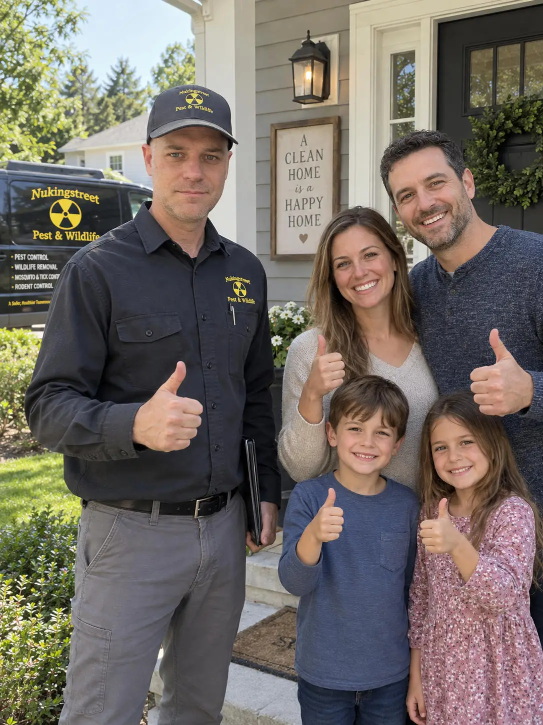 Family and pest control professional giving thumbs up in front of a home.