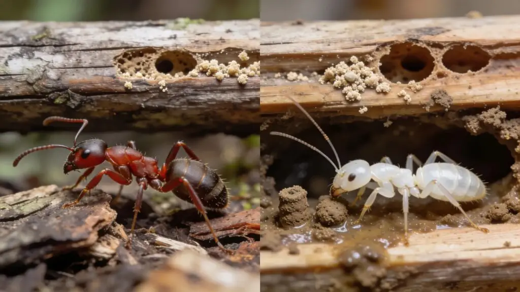 Comparative view of a carpenter ant and a termite beside a damaged wooden structure