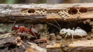 Comparative view of a carpenter ant and a termite beside a damaged wooden structure