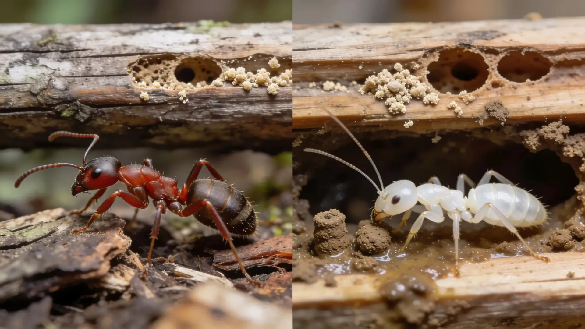 Comparative view of a carpenter ant and a termite beside a damaged wooden structure