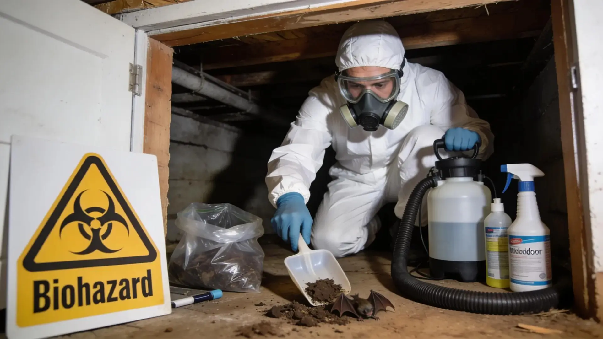 Pest control professional in PPE cleaning bat guano, emphasizing safety and hygiene