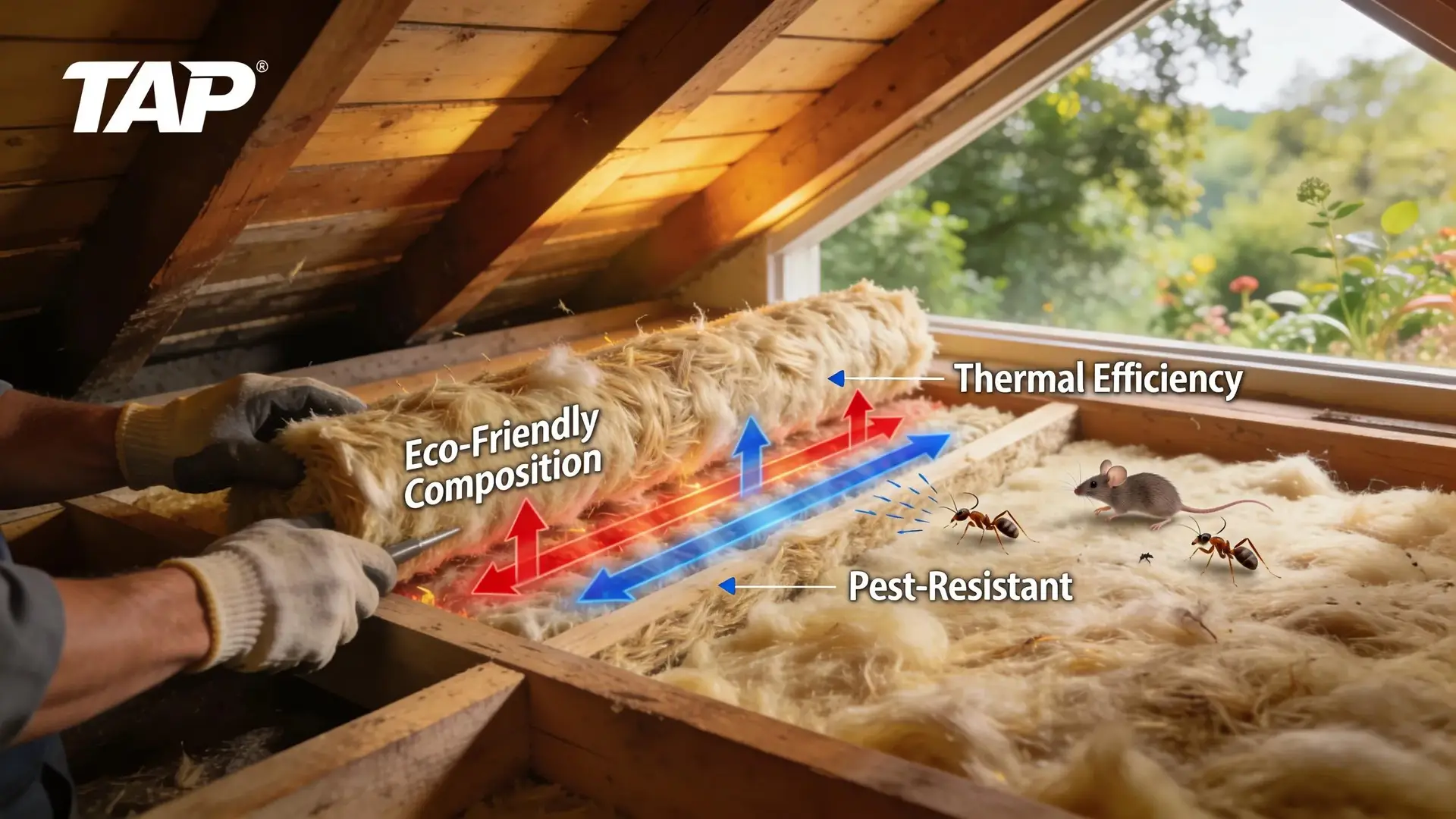 Blow-in TAP insulation in attic showing eco-friendly properties, representing energy efficiency improvements