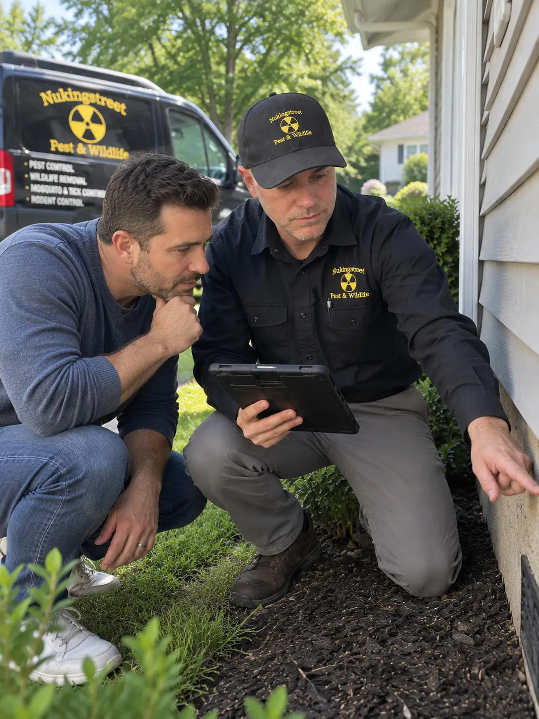 Two men inspecting a house exterior, one holding a tablet