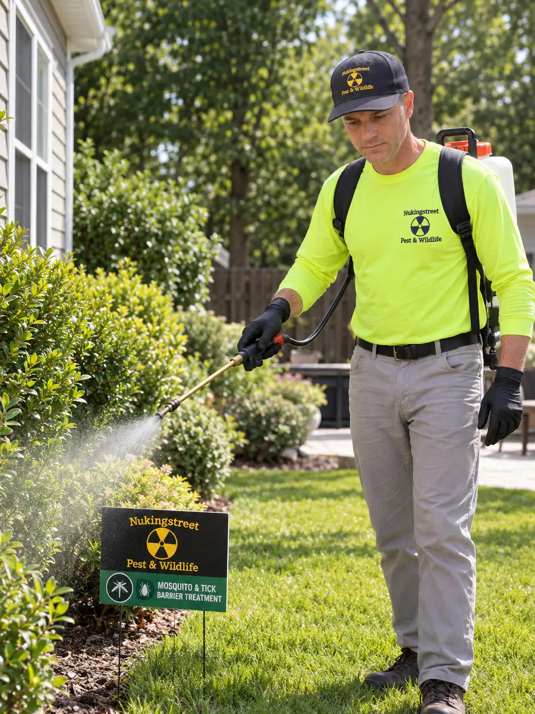 Pest control professional applying treatment near a yard sign