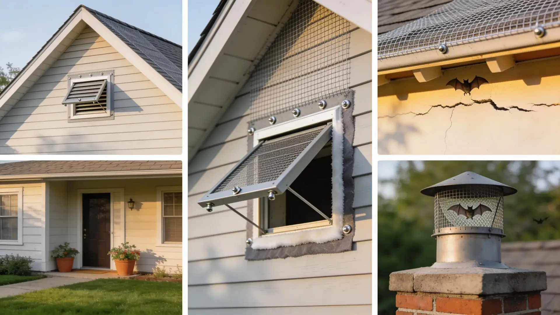 Various bat exclusion devices installed on a house, showing effective wildlife prevention methods