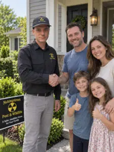 Family with two children shaking hands with a pest control professional by a lawn sign