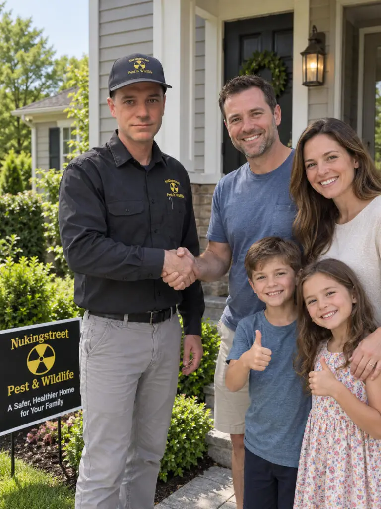 Family with two children shaking hands with a pest control professional by a lawn sign