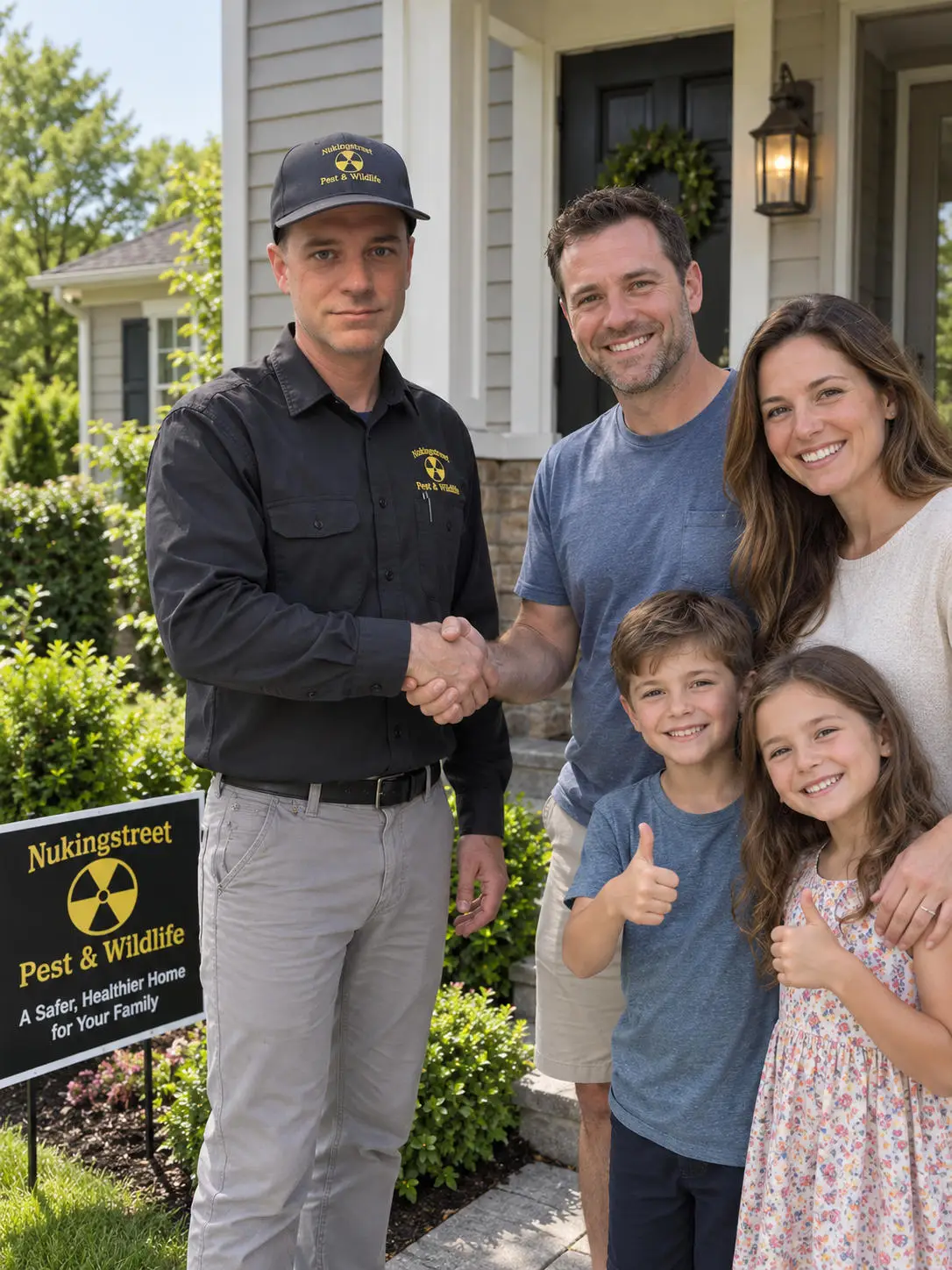 Family with two children shaking hands with a pest control professional by a lawn sign.