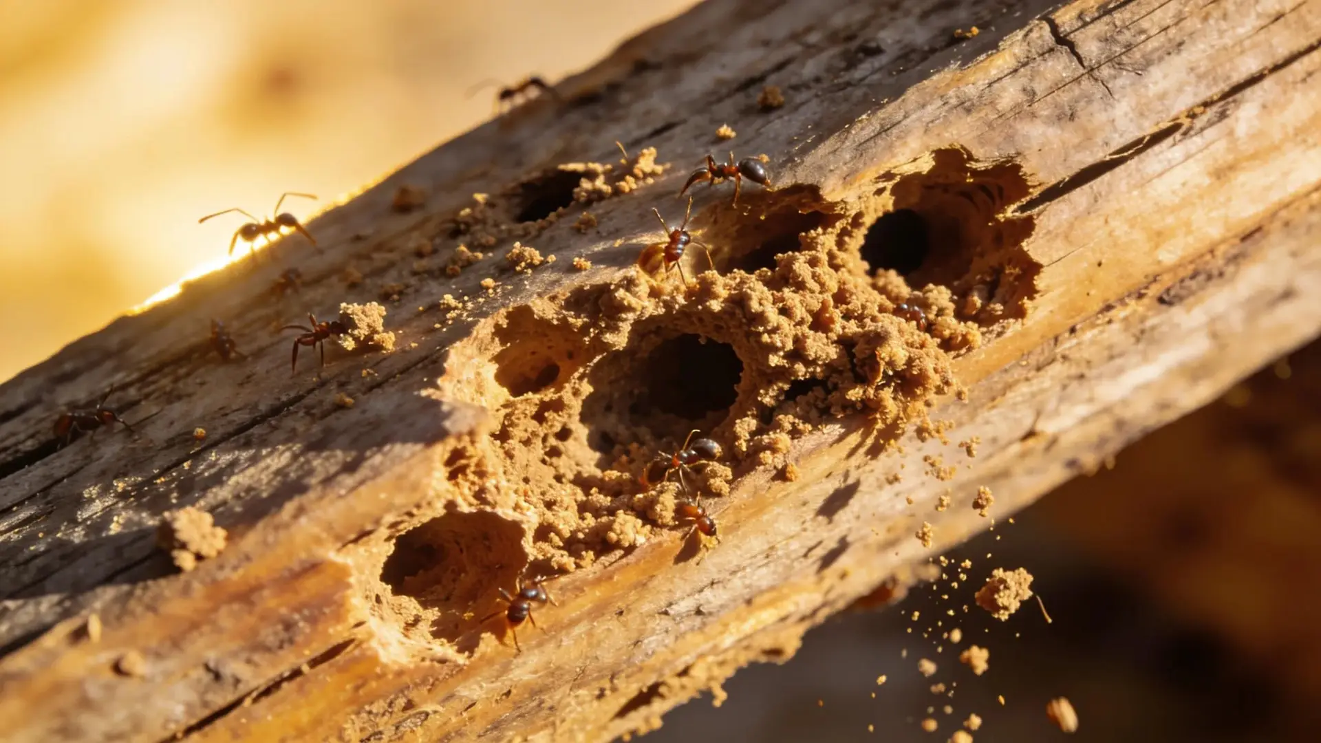 Close-up of carpenter ant damage showing frass and nesting holes in wood