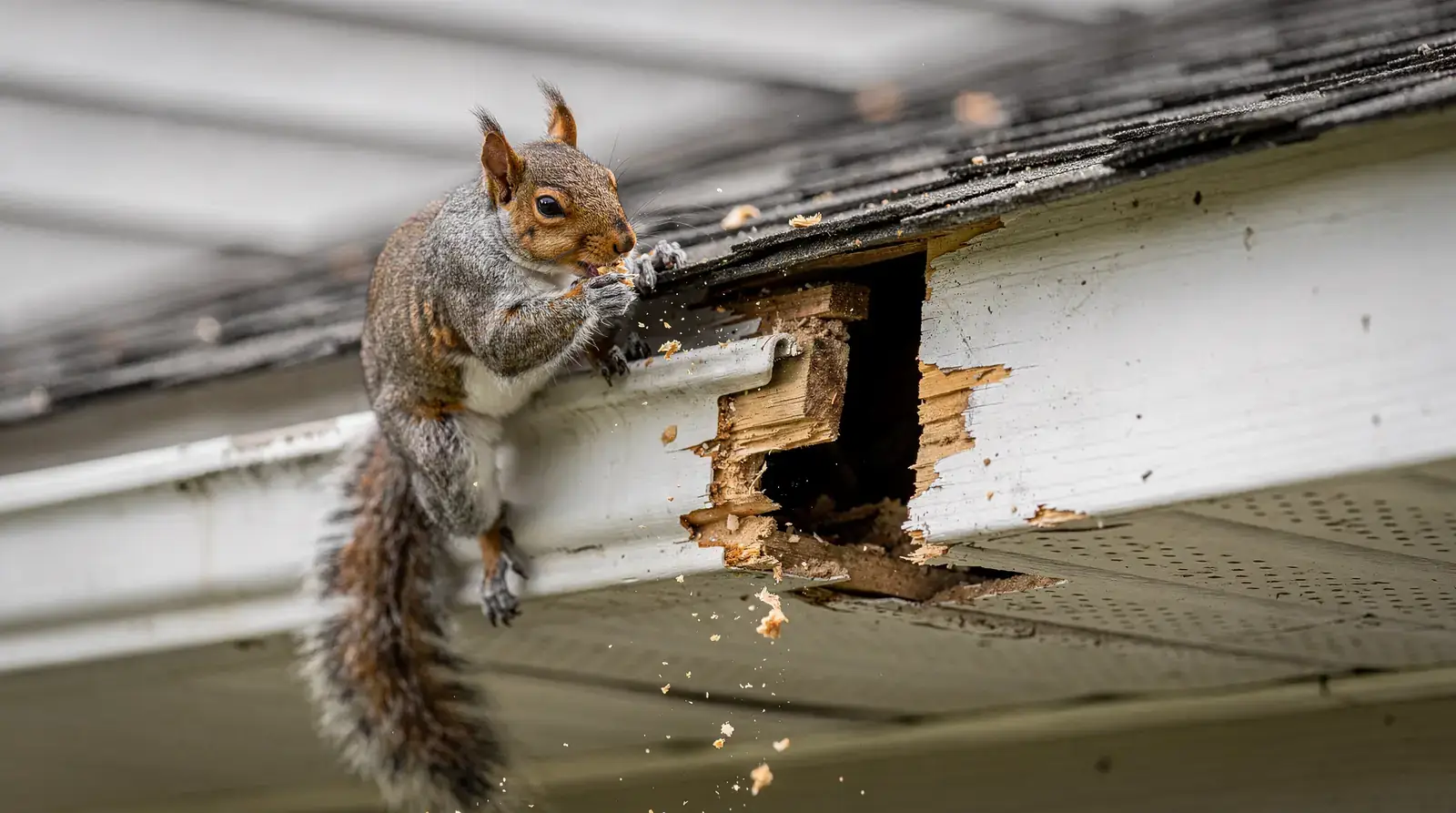 Squirrels can jump distances of six to eight feet, letting them reach rooflines from nearby